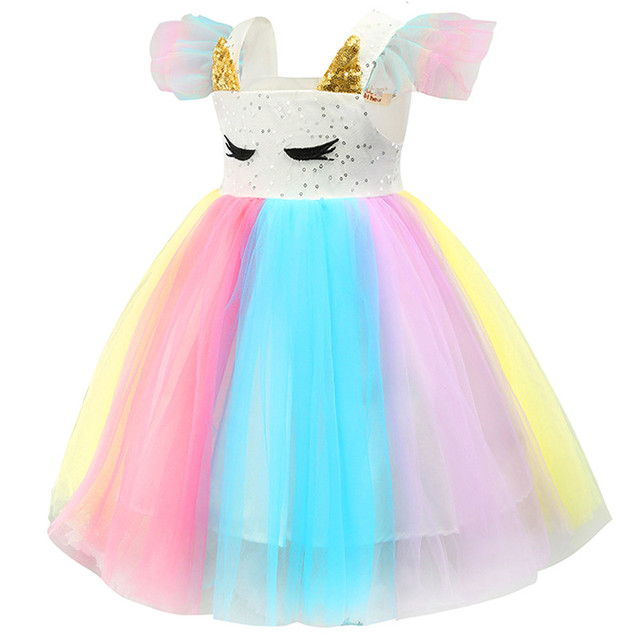 Vestido de verão unicórnio para bebês, lantejoulas arco-íris, vestido de  princesa bonito, presente de aniversário